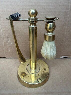 Vintage Brass Shaving Set - 7" Stand Brush Holder Razor Gentleman Vanity